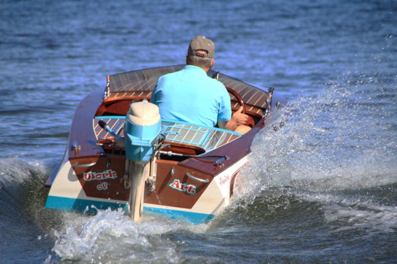 In his early trials, Art discovered the he was losing power to prop ventilation. He trimmed some height from the center of the transom to put the prop lower in the water and that solved the problem.