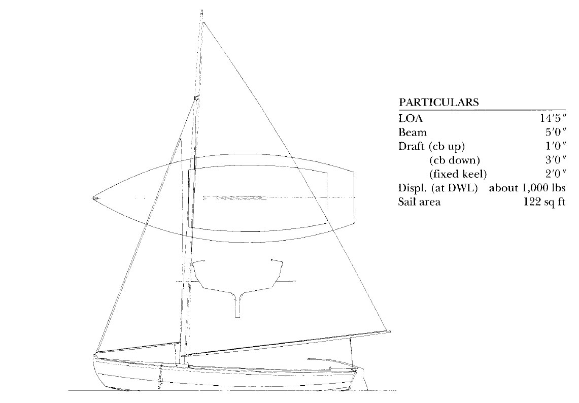 Particulars and line drawing for the Biscayne Bay Sailing Skiff design.