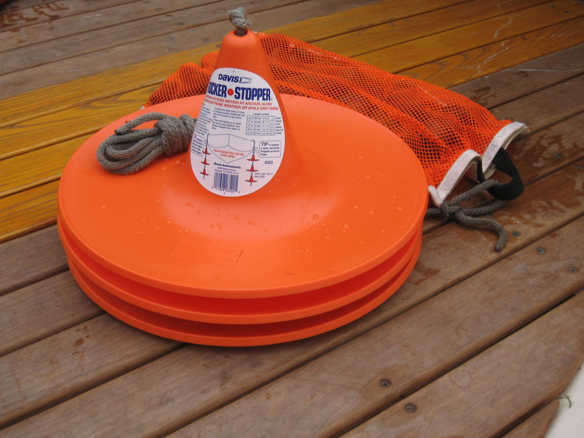 The Rocker Stoppers nest when not in use. Weight is provided by a homemade mesh bag loaded with beach rocks.