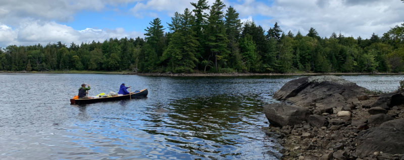 Two paddlers aboard a wooden canoe in a lake surrounded by trees.